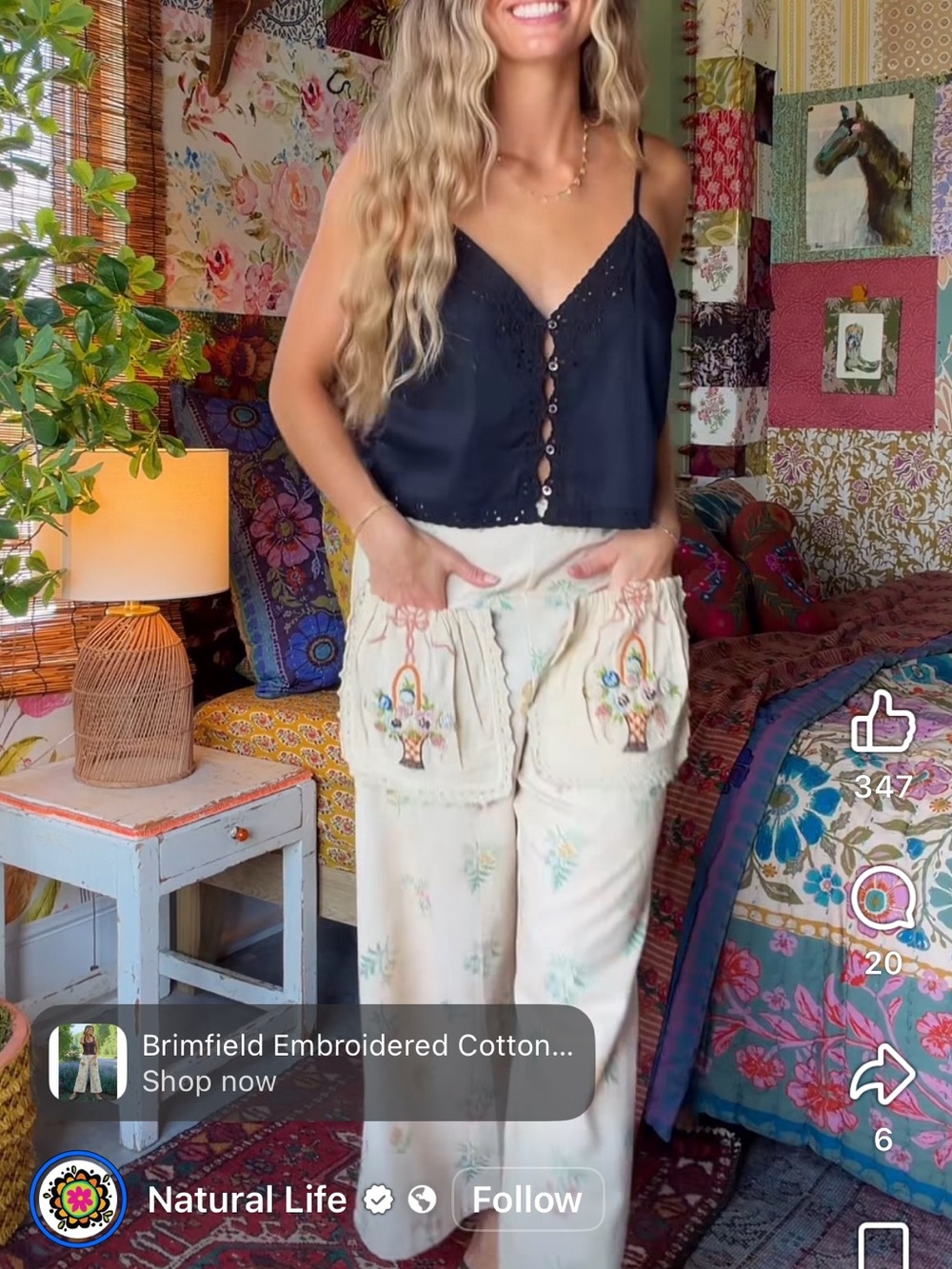 ISO!NATURAL LIFE Cream Embroidered Wide-Leg Cotton Pants